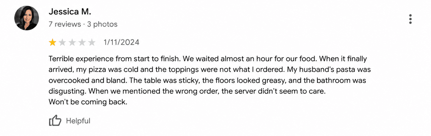 One-star Google review screenshot showing a negative customer experience