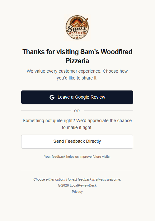 LocalReviewDesk customer review page with Google review and private feedback options